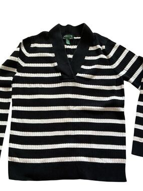 Ralph Lauren Black and White Striped V-Neck Sweater